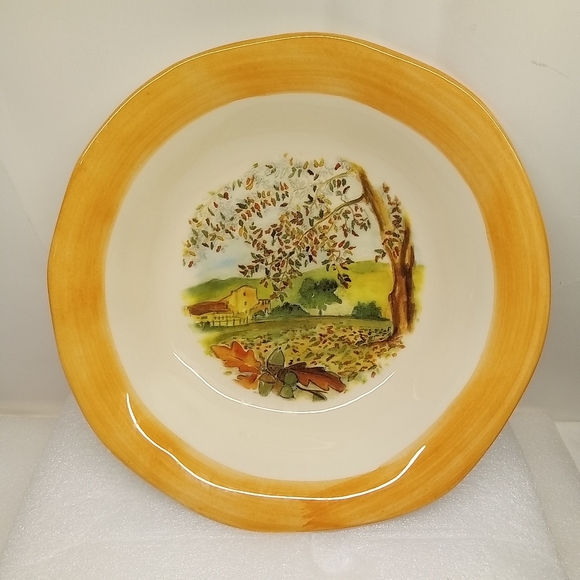 CERAMICHE TADINATE 10" Pasta Soup Salad Bowl Peach Rim Autumn Italy Farm Scene - Picture 11 of 14